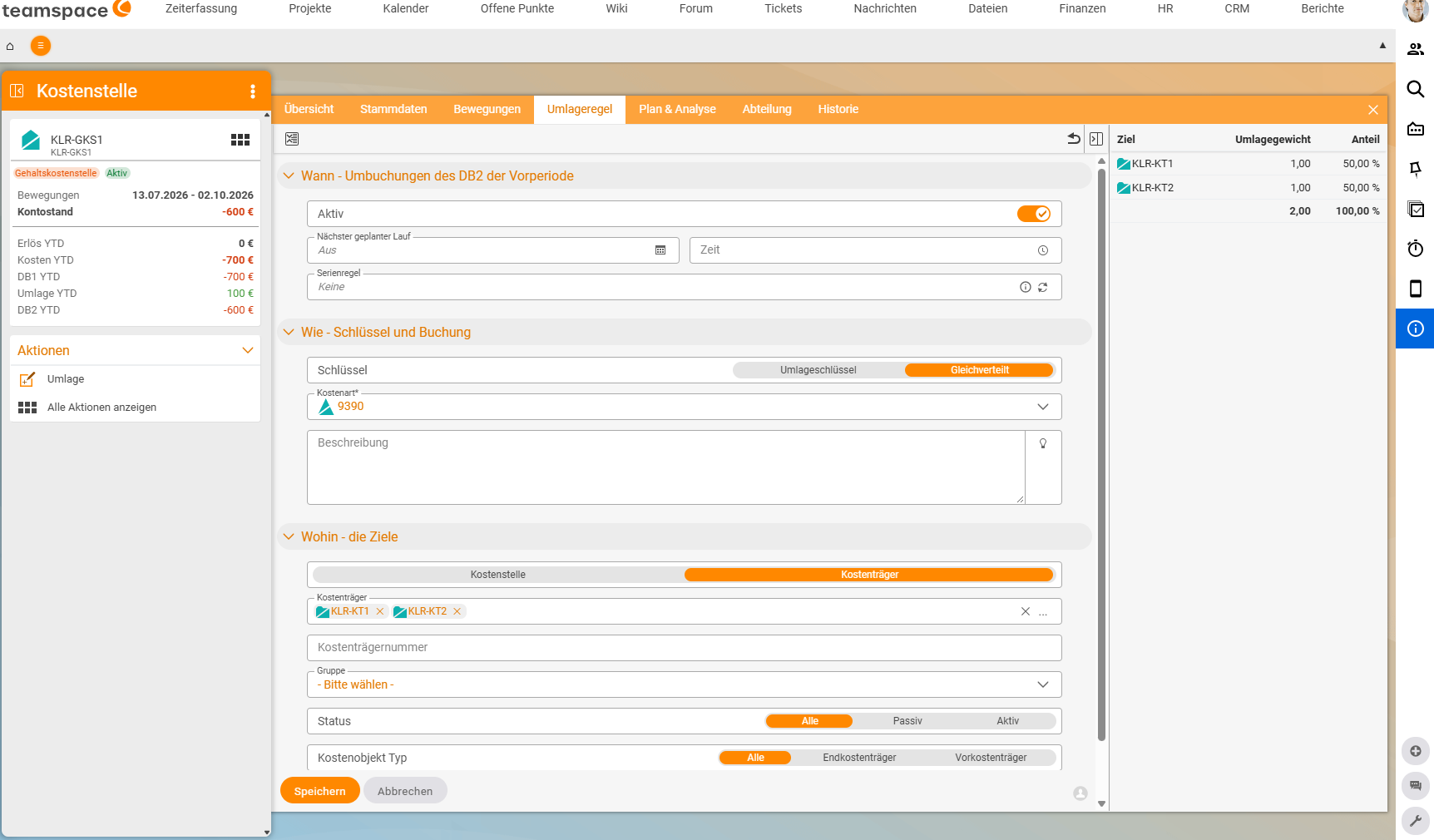 Detail manager of salary cost centre KLR-GKS1, Allocation rule tab: section "When - repostings of the CM2 of the previous period" with Active switch, Next scheduled run, Time and Recurrence rule; section "How - key and posting" with Key (Allocation key, Evenly distributed selected), Cost category* 9390 and Description; section "Where - the targets" with the cost centre/cost object toggle (cost object selected) and the filter fields Cost object (KLR-KT1, KLR-KT2), Cost object number, Group, Status and Cost object type; on the right the targets KLR-KT1 and KLR-KT2 with allocation weight 1.00 and a share of 50% each; on the left under Actions "Allocation".