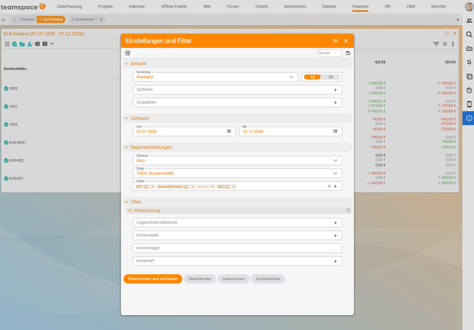 "Settings and filters" dialog of the cost accounting analysis: View with sorting, split and group; period from 01/01/2026 to 31/12/2026; report settings with period Auto, Show and rows CM1 (∑), secondary costs (∑), separator line, CM2 (∑); filter Primary posting with assigned elements, cost centre, cost object and cost category; at the bottom Apply and close, Apply, Bookmark, Reset.