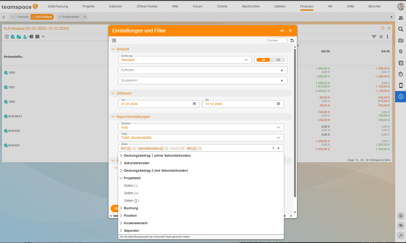 "Settings and filters" dialog with the selection under "Rows" open: contribution margin 1 (excluding secondary costs), secondary costs, contribution margin 2 (including secondary costs), project time expanded with Times (-), Times (+) and Times (∑), below it Posting, Line item, Cost element and Separator; hint "Hold down the Shift key for multiple selection".