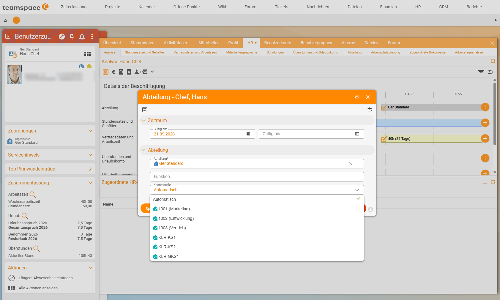 Employee Hans Chef, HR → Analysis tab, employment details; open dialog "Department - Chef, Hans" with Valid from 21/09/2026, department "Ger Standard", function and the expanded field Cost centre: Automatic (selected), 1001 (Marketing), 1002 (Development), 1003 (Sales), KLR-KS1, KLR-KS2, KLR-GKS1. Contact details in the profile box blurred.