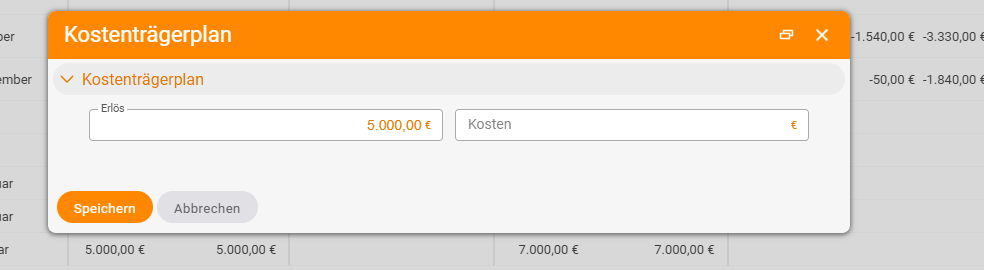 "Cost object plan" dialog after clicking a month: only the fields Revenue (€5,000.00) and Costs; at the bottom Save and Cancel.