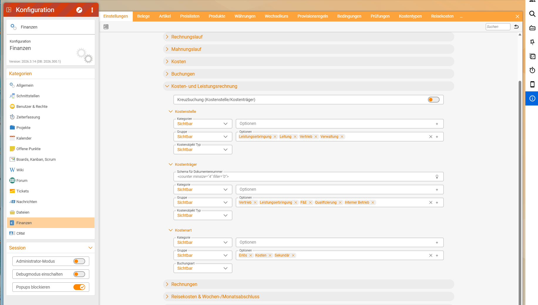Finance configuration, Settings tab, "Cost accounting" accordion: at the top the switch "Cross-posting (cost centre/cost object)" (off), below it the subsections Cost centre (Categories, Group with the options Service delivery, Management, Sales, Administration, Cost object type), Cost object (Document number scheme, Category, Group with Sales, Service delivery, R&D, Training, Internal operations, Cost object type) and Cost category (Category, Group with Revenue, Costs, Secondary, Posting type), each set to "Visible".