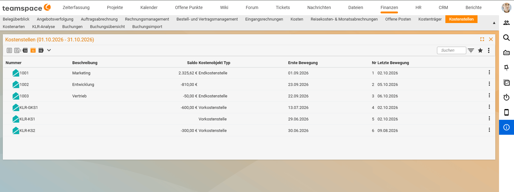 List "Cost centres (01/10/2026 - 31/10/2026)" in the Finance menu: columns Number, Description, Balance, Cost object type, First movement and Last movement; cost centres 1001 Marketing and 1003 Sales as final cost centres, KLR-GKS1, KLR-KS1 and KLR-KS2 as service cost centres; at the top the Finance menu bar with Cost objects, Cost centres, Cost categories and Cost accounting analysis.