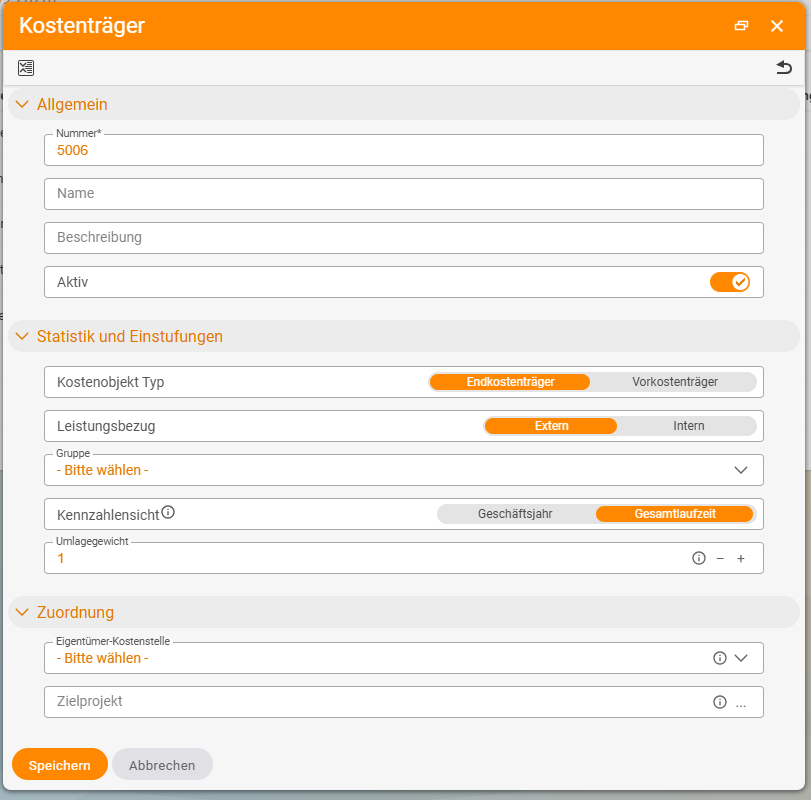 "Cost object" dialog when creating: General with Number* 5006 (pre-filled), Name, Description and Active switch; Statistics and classifications with Cost object type (final cost object, intermediate cost object), Service basis (External, Internal), Group, Metrics view (Financial year, Total term) and Allocation weight 1; Assignment with Owner cost centre and Target project.