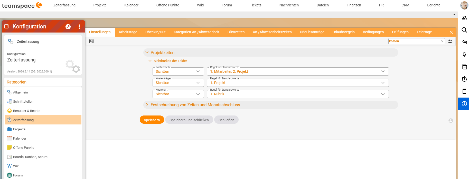 Time tracking configuration, Settings tab, search "kosten": section Project times → Field visibility with Cost centre "Visible" and rule for default values "1. Employee, 2. Project", Cost object "Visible" with "1. Project" and Cost category "Visible" with "1. Category".