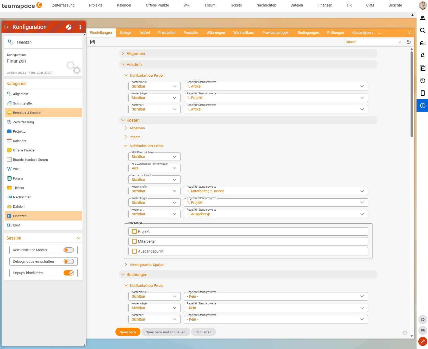 Finance configuration, Settings tab, search "kosten": section Line item with Cost centre "1. Article", Cost object "1. Project" and Cost category "1. Article"; section Costs with the fields Licence plate number, Sales opportunity and Cost centre "1. Employee, 2. Customer", Cost object "1. Project" and Cost category "1. Expense type"; section Postings with all three rules set to "- None -".