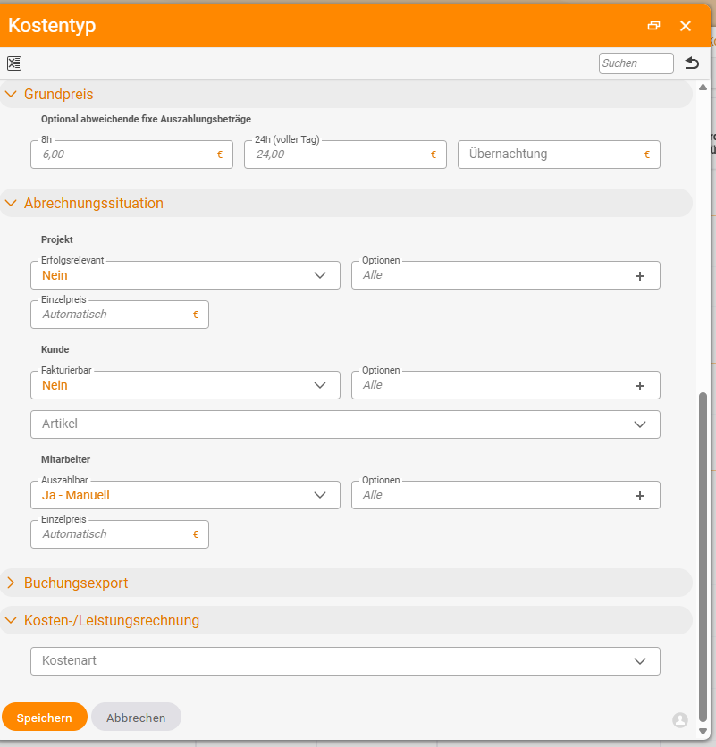 "Cost type" dialog with the sections Base price (fixed payout amounts for 8h, 24h and overnight stay), Billing situation (project: relevant to result; customer: billable and article; employee: payable), Posting export and, at the bottom, "Cost accounting" with the single field Cost category.