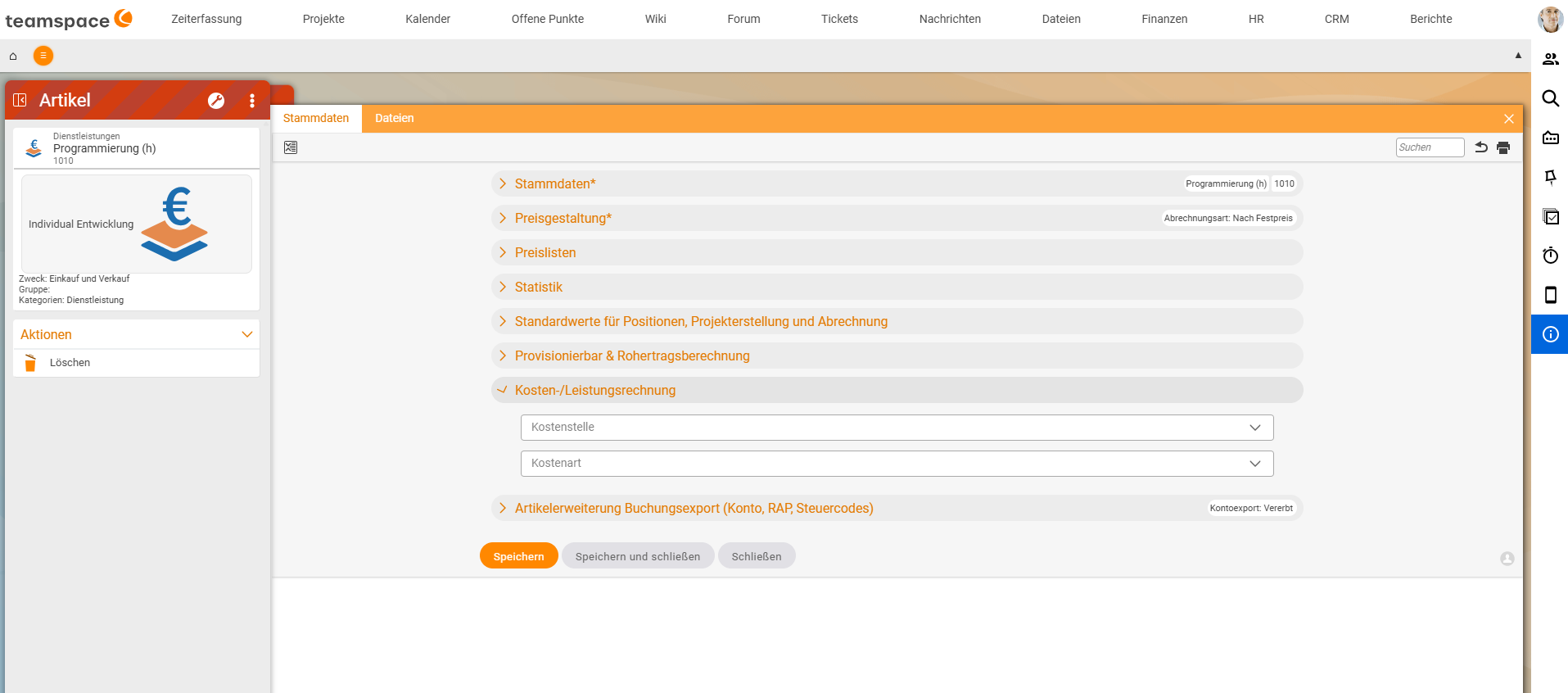 Detail manager of the article "Programmierung (h)" (1010), Master data tab: accordions Master data, Pricing, Price lists, Statistics, Default values, Commissionable & gross profit calculation and the expanded "Cost accounting" accordion with the fields Cost centre and Cost category.