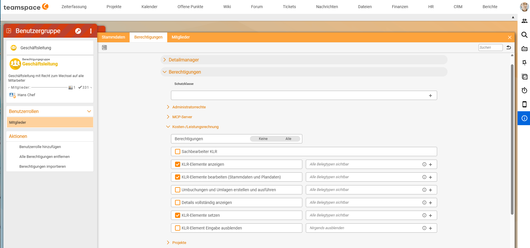 User group Management, Permissions tab, "Cost accounting" accordion: Permissions toggle (None/All), below it the checkboxes Cost accounting clerk, View cost accounting elements (ticked), Edit cost accounting elements (master data and plan data) (ticked), Create and run repostings and allocations, Show full details, Set cost accounting elements (ticked) and Hide cost accounting element input; to the right of each an options field, e.g. "All document types visible" or "Hide nowhere".