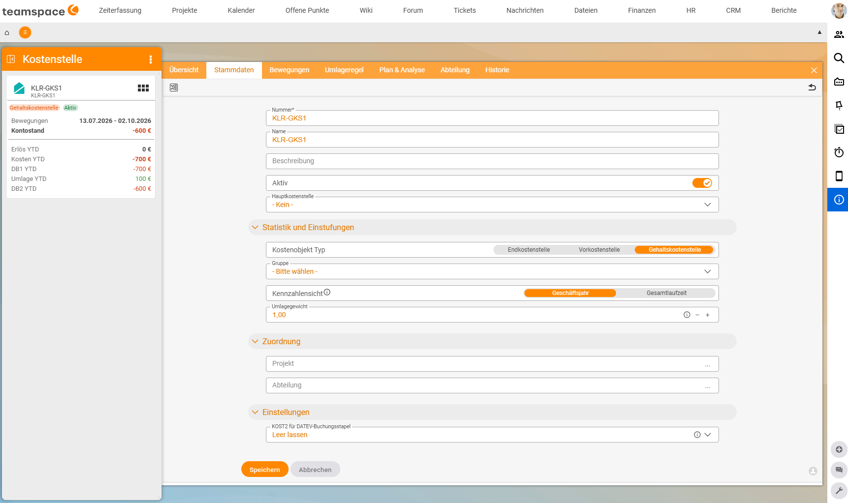 Detail manager of cost centre KLR-GKS1 with the label "Salary cost centre", Master data tab: Number*, Name, Description, Active switch and Parent cost centre "- None -"; "Statistics and classifications" section with Cost object type "Salary cost centre" selected (next to final cost centre and service cost centre), Group, Metrics view and Allocation weight 1.00; Assignment section with Project and Department; Settings section with "KOST2 for DATEV posting batch".
