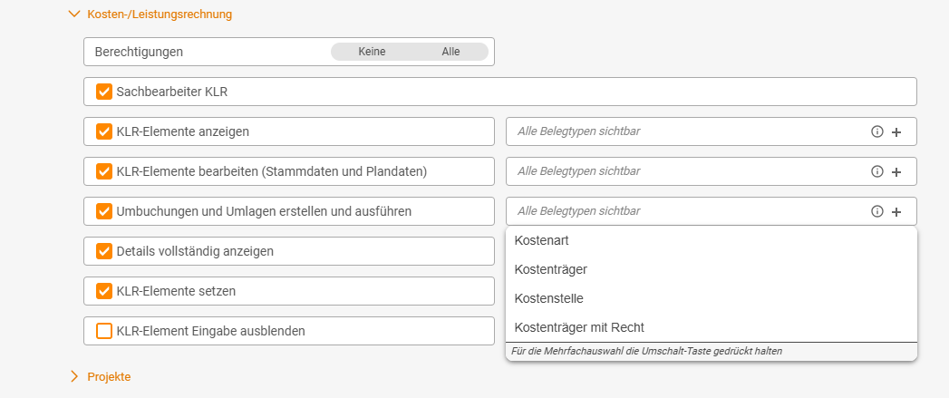 "Cost accounting" accordion of a user group with all rights ticked except "Hide cost accounting element input"; for the right "Create and run repostings and allocations" the options field is open with the entries Cost category, Cost object, Cost centre and Cost object with right and the hint "Hold down the Shift key for multiple selection"; the other options fields show "All document types visible".