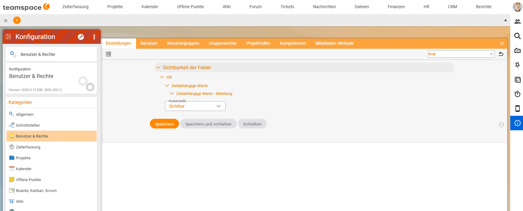 Users & rights configuration, Settings tab, search "kos": Field visibility → HR → Time-dependent values → Time-dependent values - Department with the field Cost centre set to "Visible".