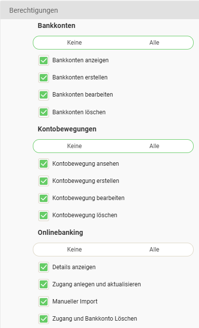 Permissions for the groups Bank accounts, Account transactions and Online banking