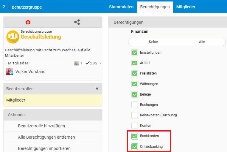 Configuration rights in the Finance area with the tiles Bank accounts and Online banking access