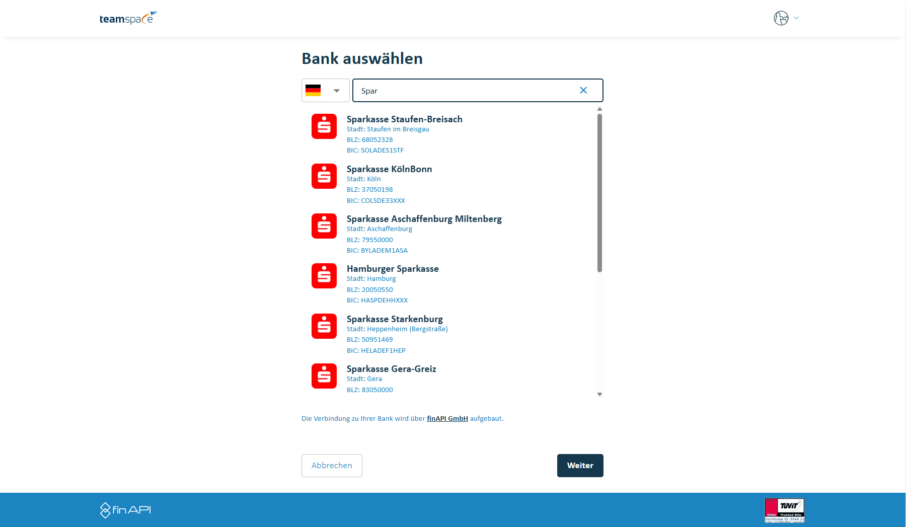 Create new access dialog with sign-in to the bank account via finAPI