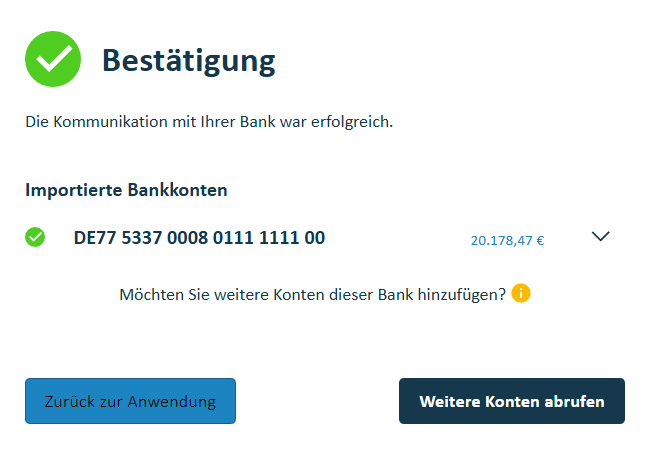Select bank accounts and return to the system via Back to the application