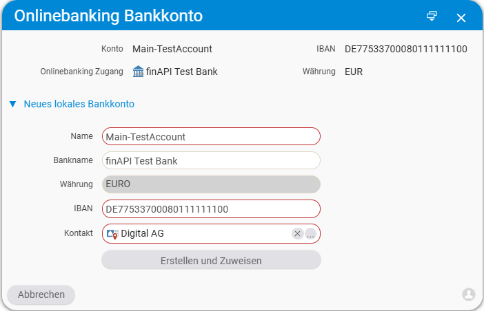 Create a new local bank account and finish with Create and assign