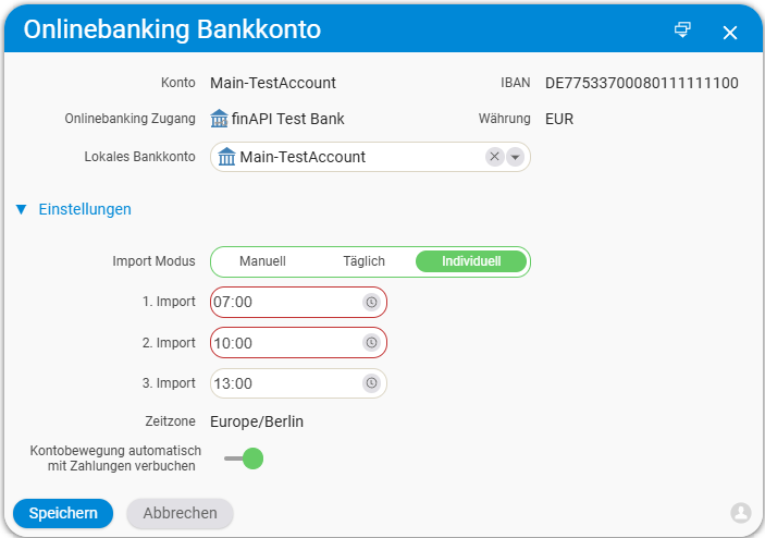 Import modes Manual, Daily and Custom as well as the switch for automatic payment reconciliation