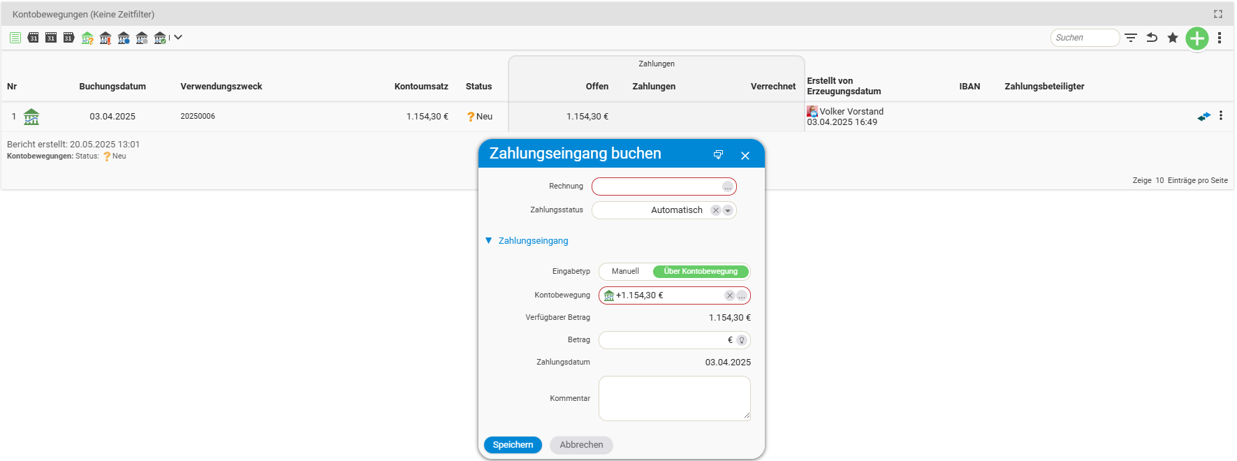 Manually assign an account transaction to an invoice via the double arrow