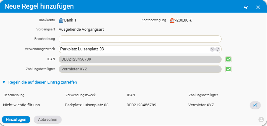 Create an ignore rule with the fields Description, Payment reference, IBAN and Payment party