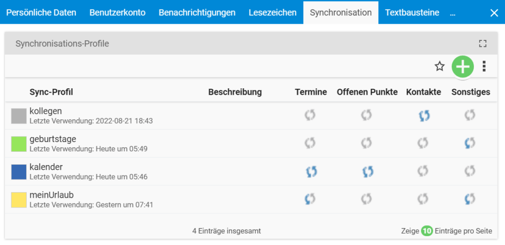 List of synchronisation profiles in teamspace, each with a name and colour