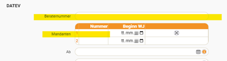 DATEV tab under Finance → Settings with the fields for tenant number and adviser number