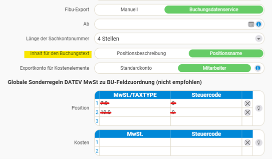 Settings for the posting text and the global special rules for the VAT-to-BU field assignment