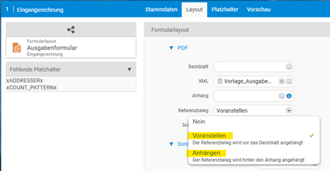 Layout setting Reference document with the options Prepend and Append