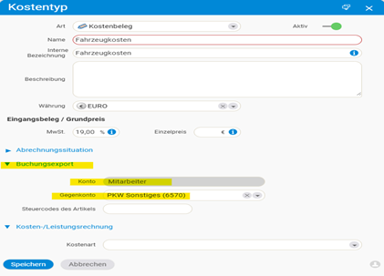 Configuration of a cost type with default account and contra account