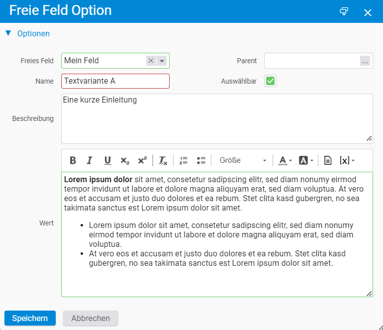 Text suggestion with description and content under 'Custom Field Options'