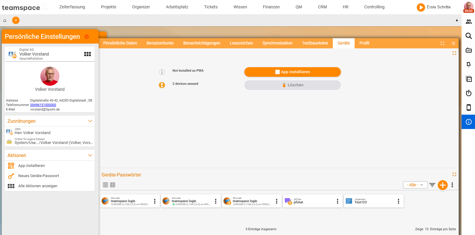 Personal settings, Devices tab: at the top the PWA installation (Install app, 2 devices unused), below it the Device passwords area with the list of entries (several Browser teamspace login, pfChat, General)