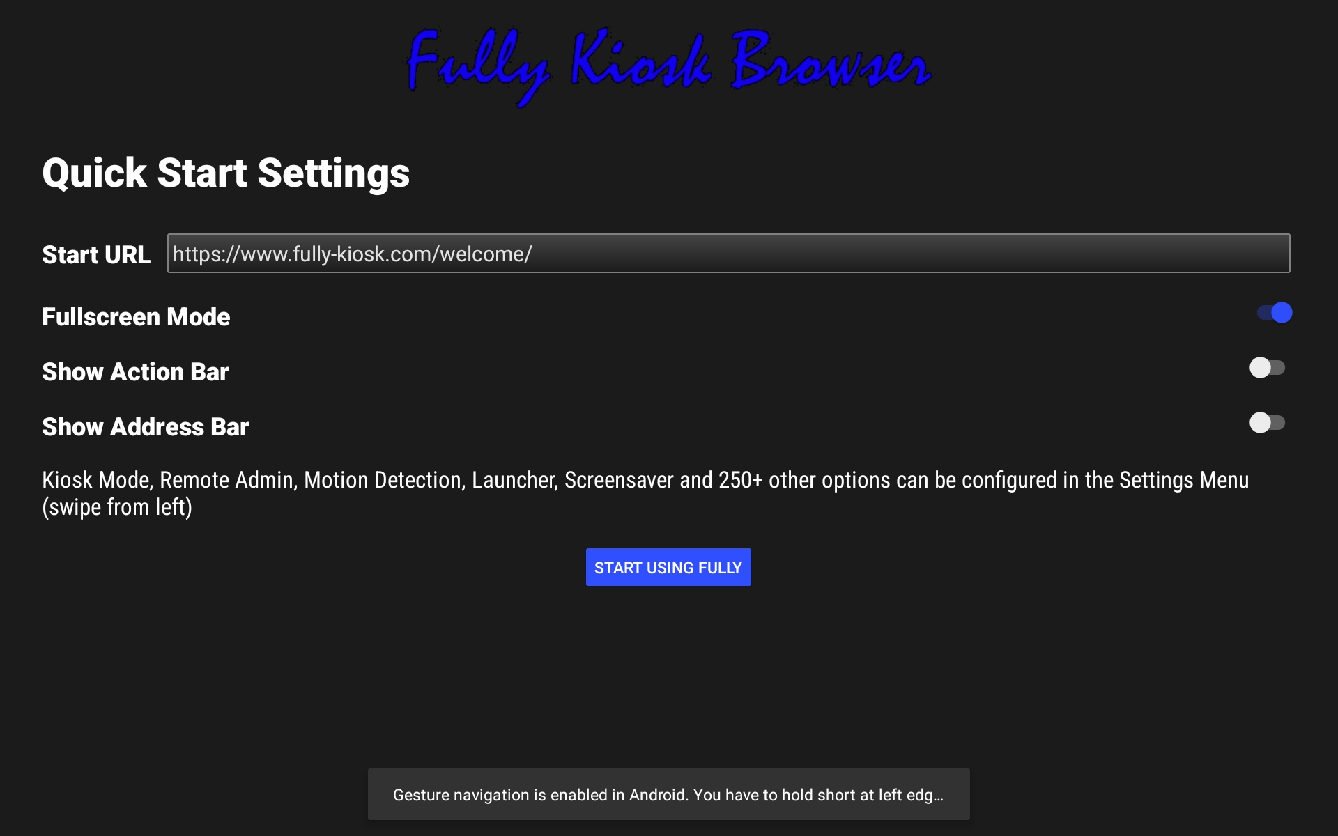 Entering the terminal URL as the start URL in the Fully Kiosk Browser and tapping START USING FULLY