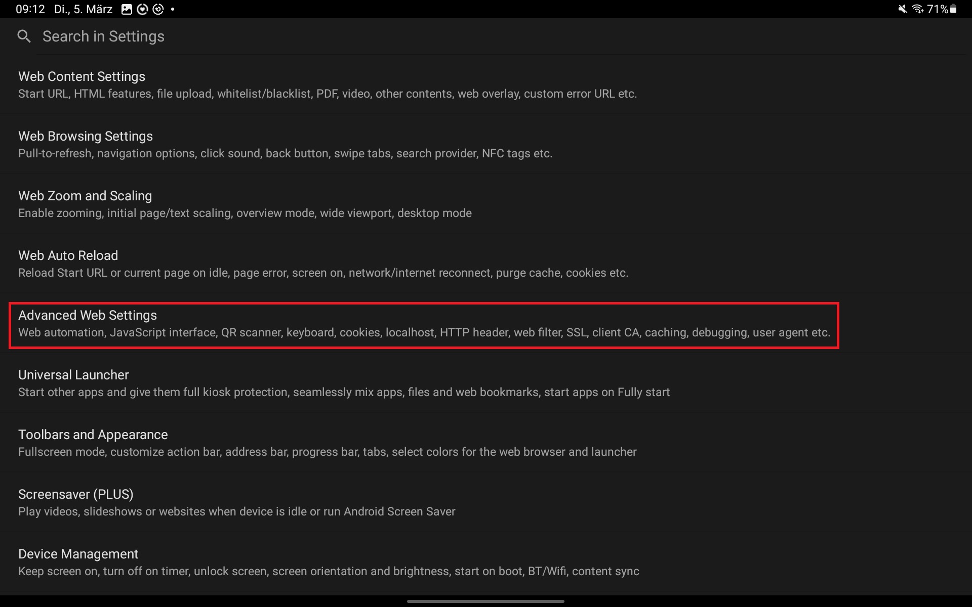 Navigating via the menu to Settings and then to the Advanced Web Settings