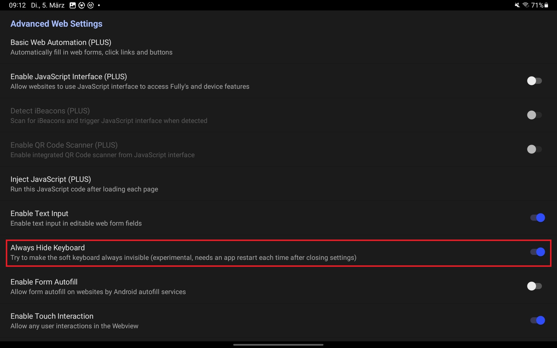 Enabling the Always Hide Keyboard option in the Advanced Web Settings
