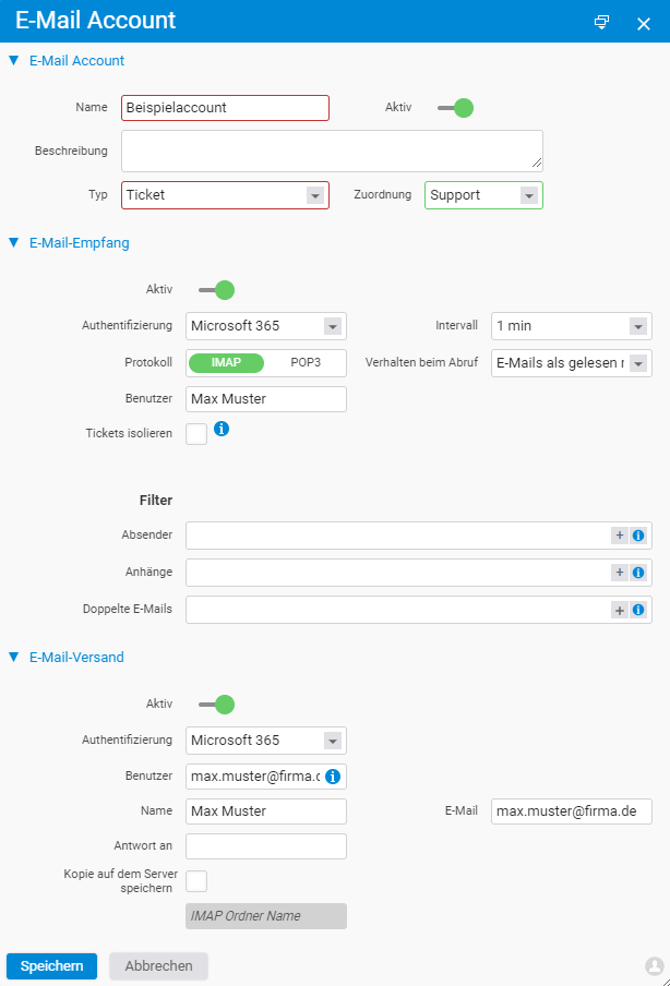 Dialog for setting up a mail account with name, description, type and assignment