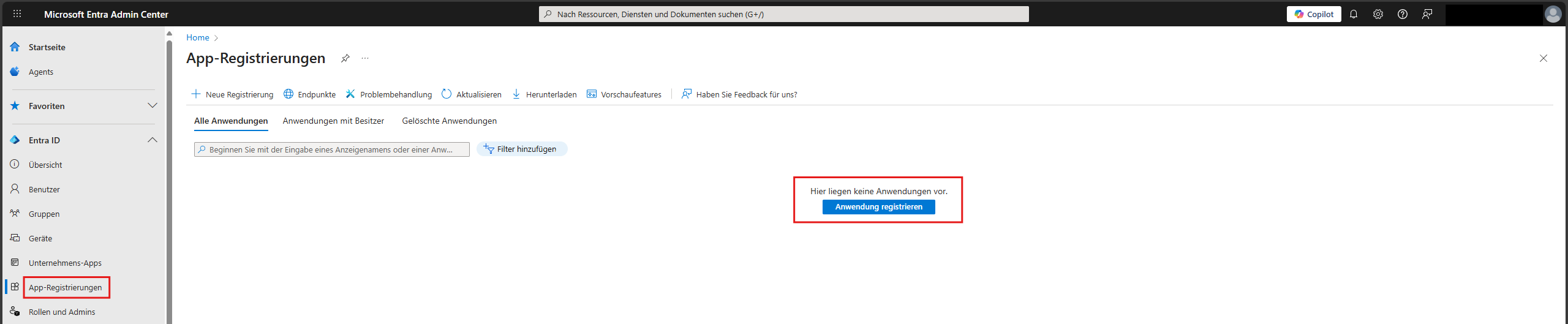 App registrations menu with the New registration button