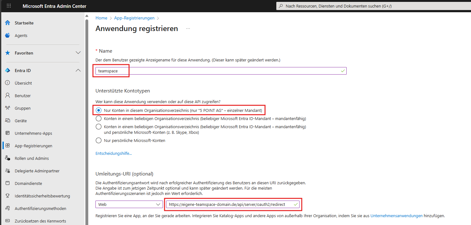 New registration form with name, account type and redirect URI
