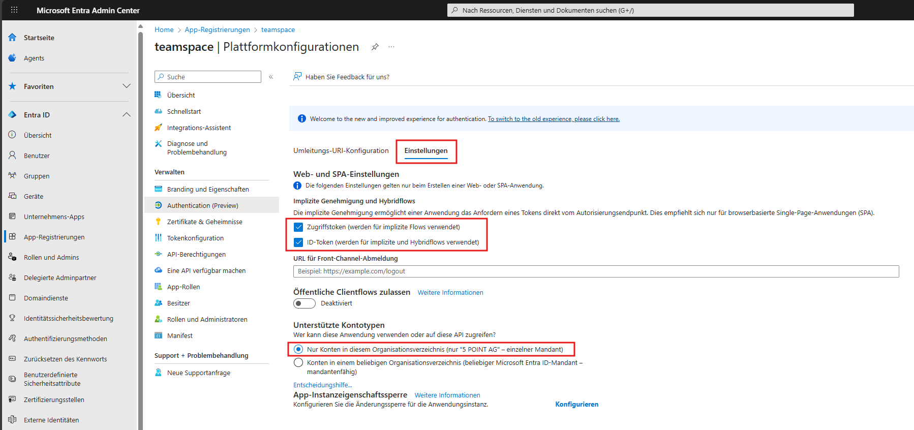 Authentication settings with the Access tokens and ID tokens options enabled