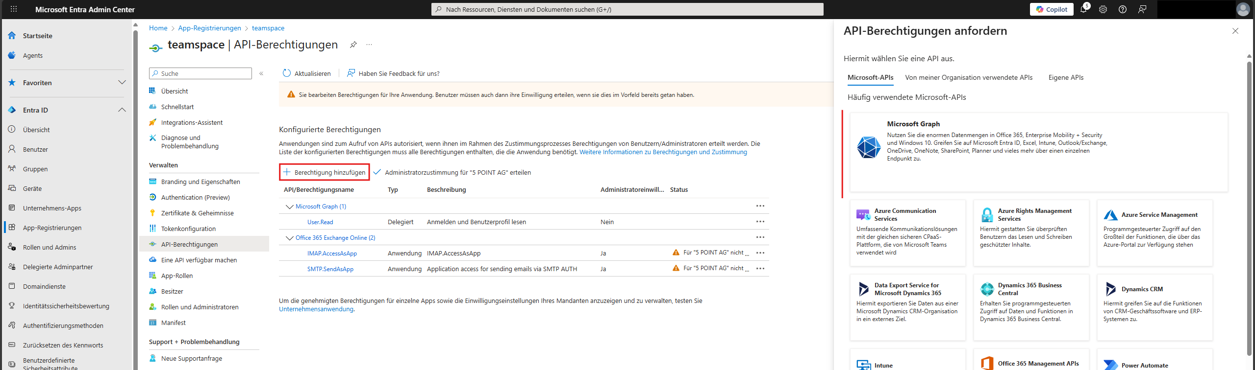 Selection of the Microsoft Graph permissions