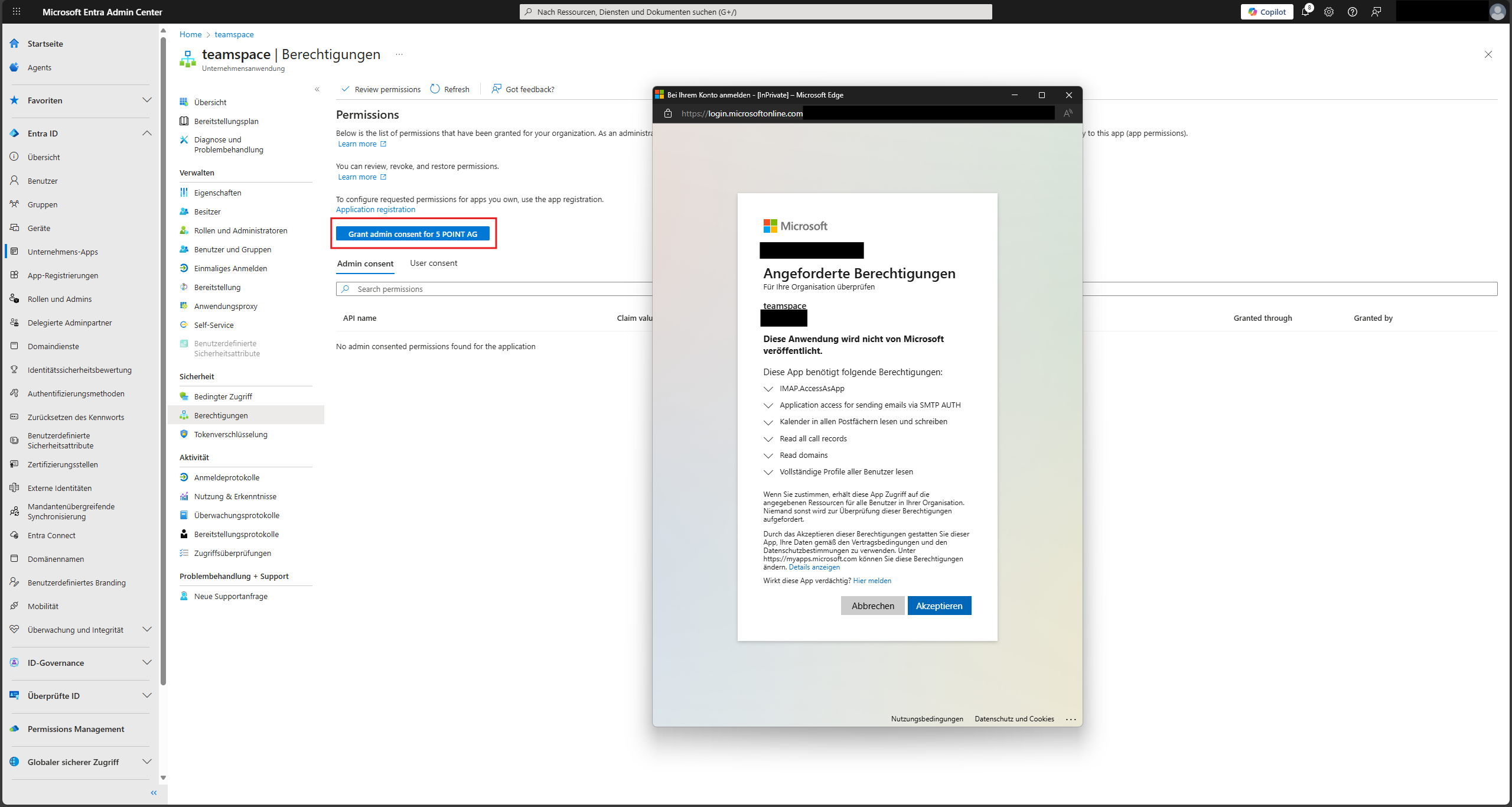 Grant admin consent button in the enterprise application
