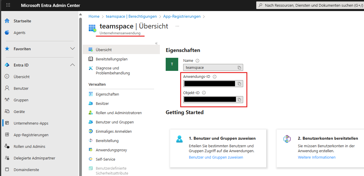Overview of the enterprise application with Application ID and Object ID