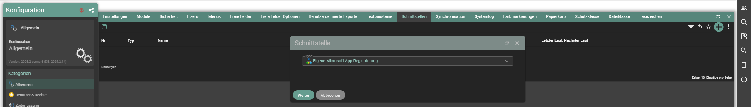 Selection of the interface type Your own Microsoft app registration