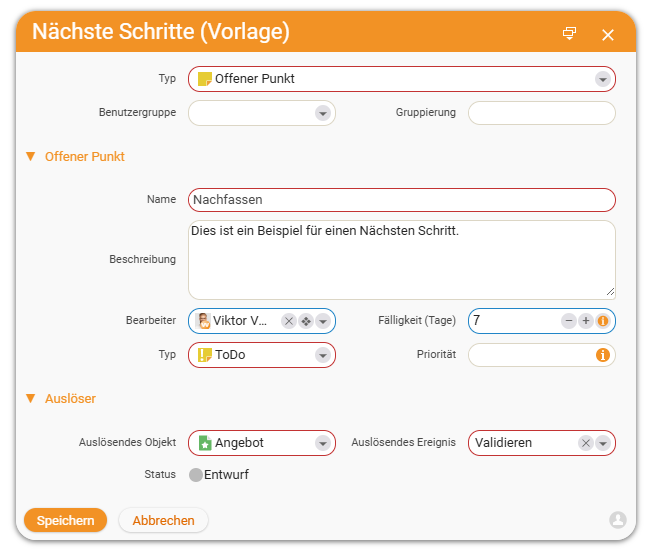 Creation dialog of a Next steps template with the type selection