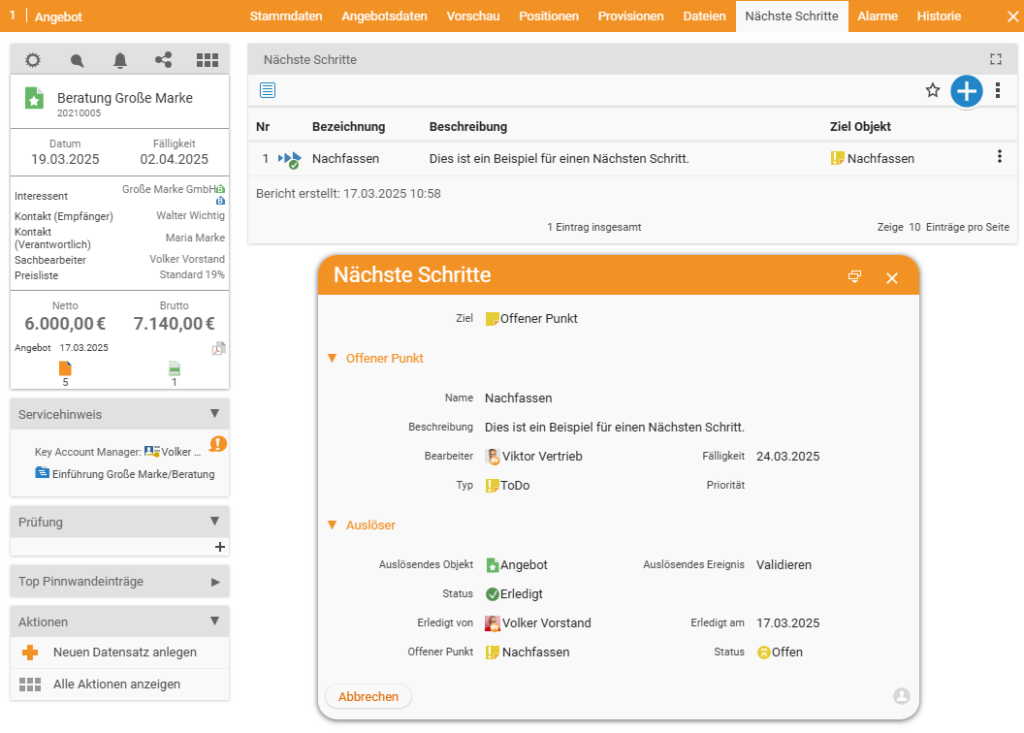 List of Next steps on a document with the statuses 'Waiting' and 'Open'