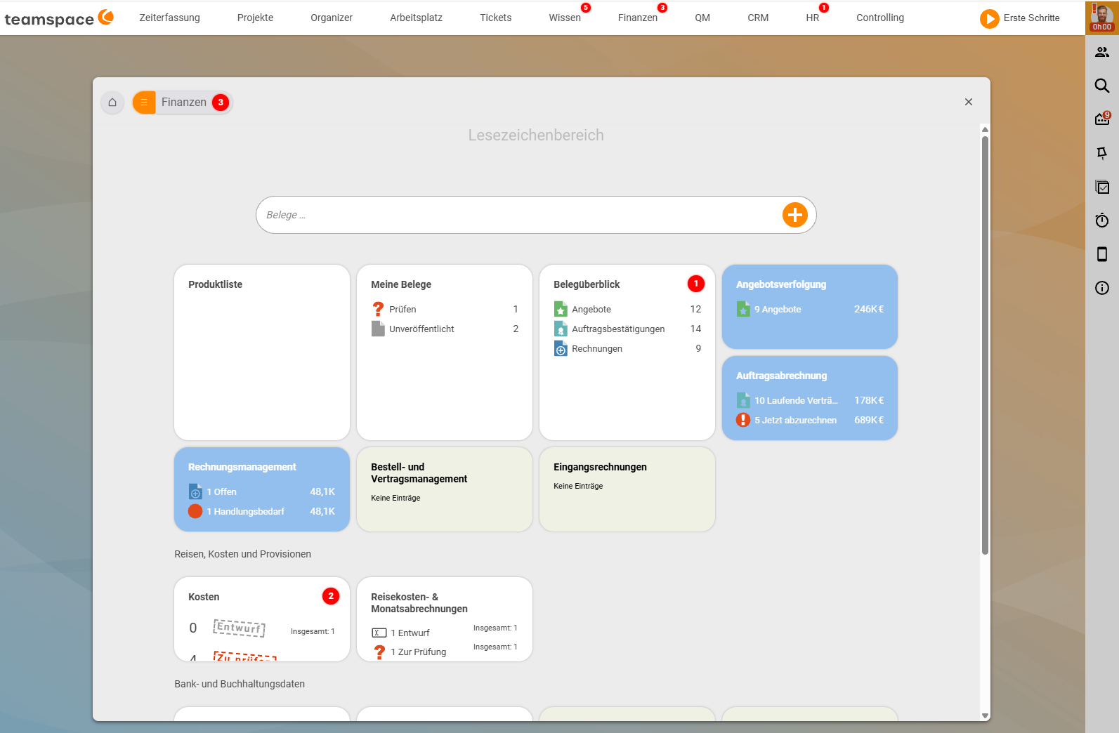 teamspace main menu with red badge counters on the modules (Projects, Tickets, Knowledge, Finance, HR); in the opened Finance bookmarks area, individual tiles (Document overview, Costs) also carry red notification counters
