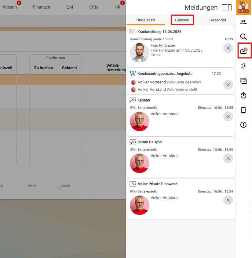 The right-hand 'Messages' bar with the tabs 'Unread' (active), 'Read' and 'Sent'; below it the notice cards (sickness report, wiki pages, Kanban), each with a close cross; on the right the highlighted bar icon with the counter 6