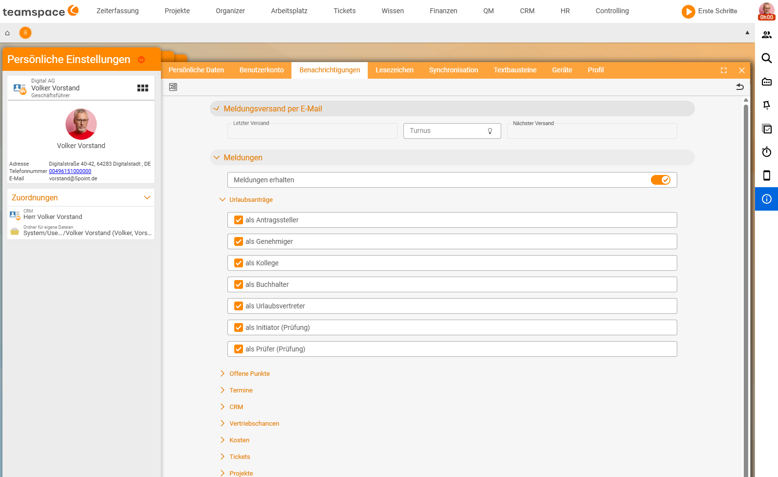 Personal settings, 'Notifications' tab: at the top the 'Send messages by email' accordion with Last sent/Frequency/Next sending, below it 'Messages' with the 'Receive messages' switch and, per area (e.g. Leave requests), tick boxes per role: as requester, as approver, as colleague, as accountant, as leave deputy, as initiator (review), as reviewer (review)