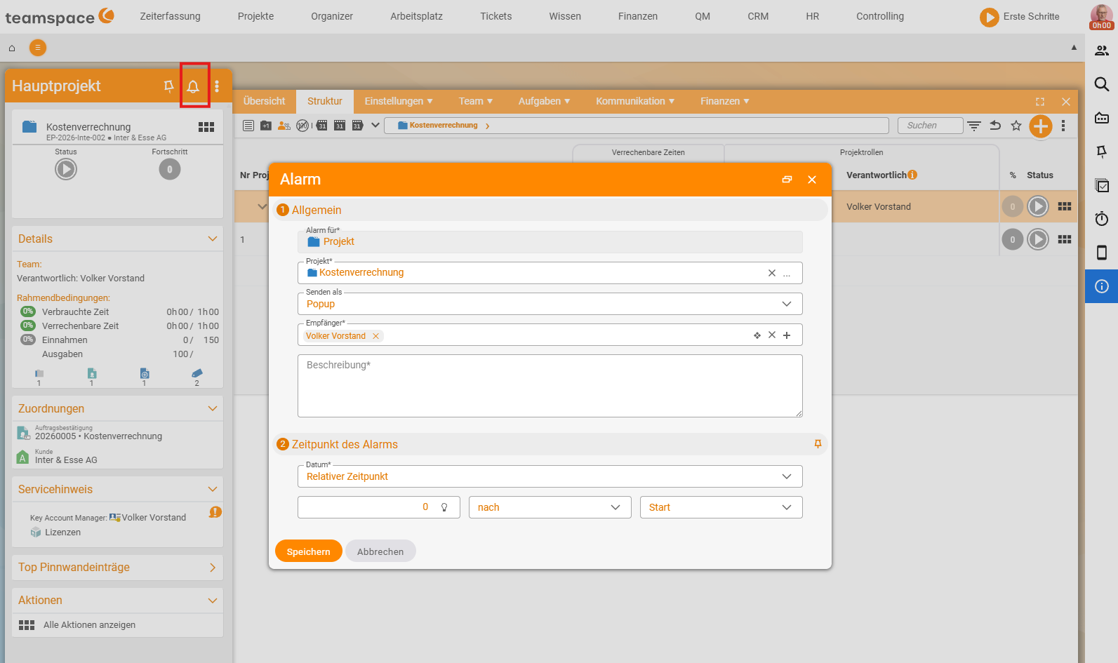 Detail manager of a project with the bell highlighted at the top; the opened 'Alarm' dialog with the 'General' accordion (Project, Send as 'Popup', Recipient 'Volker Vorstand', Description) and 'Time of the alarm' (Date 'Relative time', '0 after start')