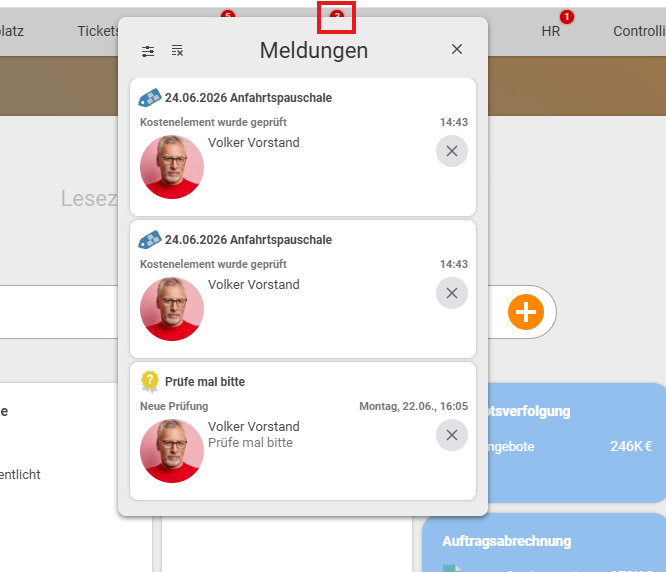The 'Messages' list opened from the menu badge, with individual notice cards (e.g. 'Travel flat rate – cost element has been reviewed', 'New review – please review'), each with a time and a close cross