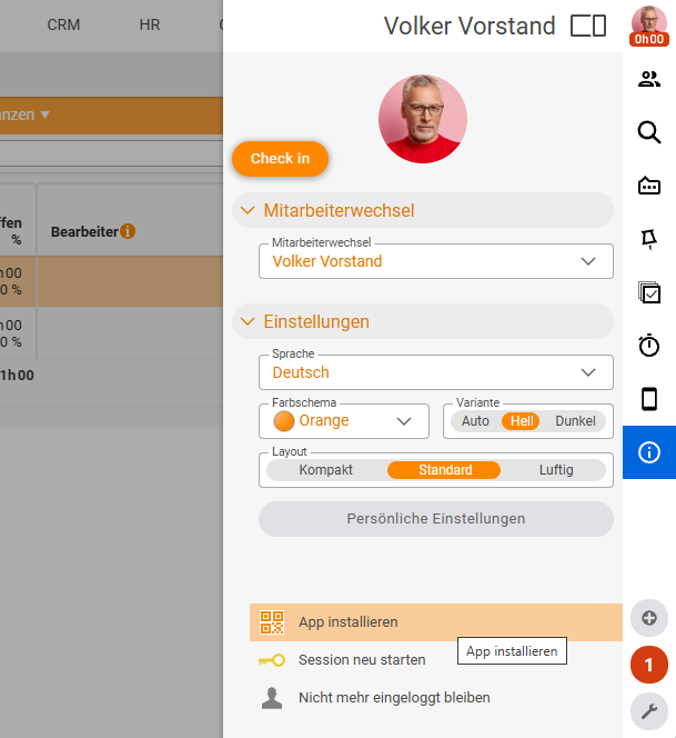 The right-hand user menu (Volker Vorstand) with Check in, Staff change and Settings (Language, Colour scheme, Layout); at the bottom the highlighted 'Install app' entry with a QR icon